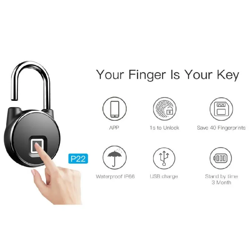 P22  Waterproof Fingerprint Padlock with Cellphone APP Control & Low Battery Alarm