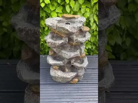 Rock Waterfall x 7 Water Bowls with LED Lights - Solar Panel 46x32x26