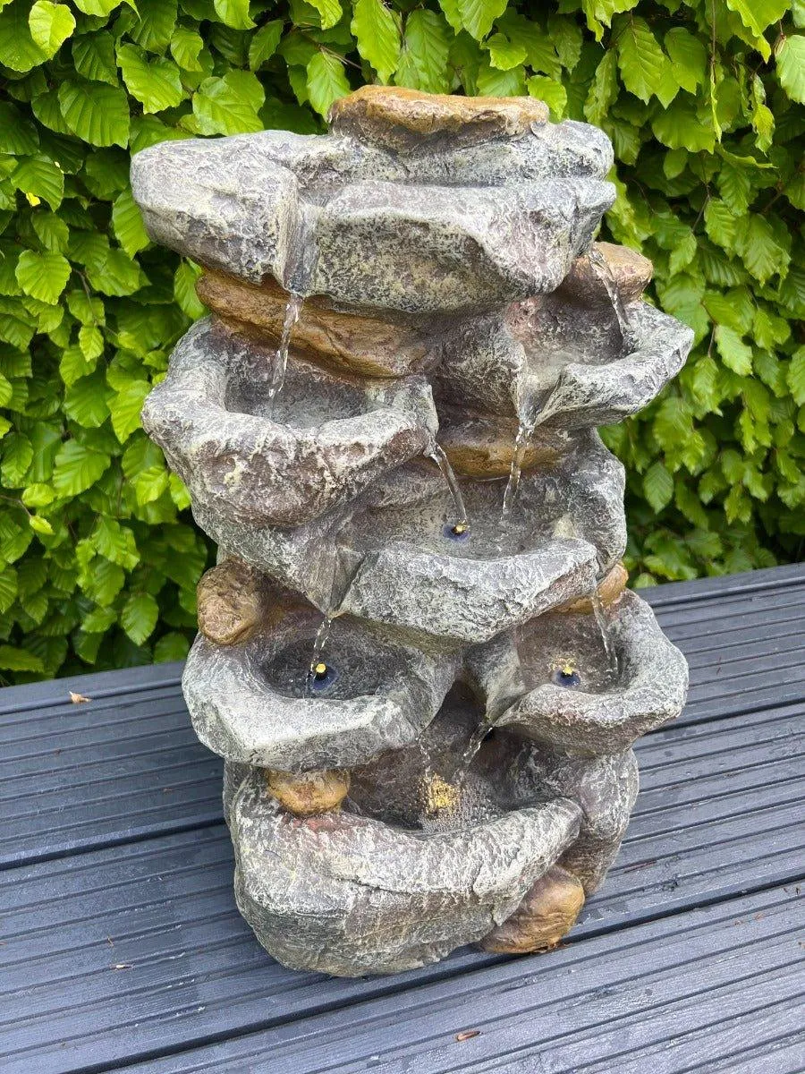 Rock Waterfall x 7 Water Bowls with LED Lights - Solar Panel 46x32x26