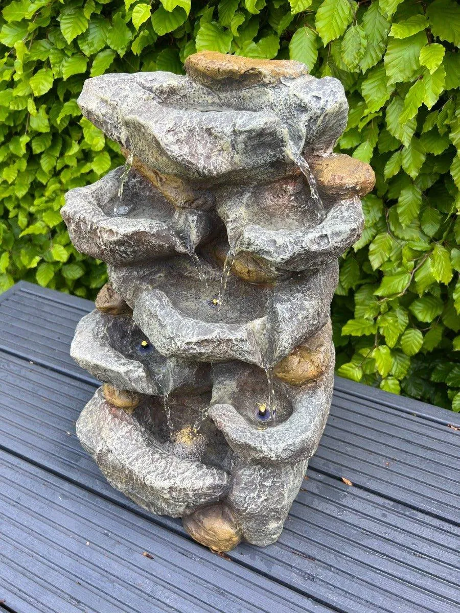 Rock Waterfall x 7 Water Bowls with LED Lights - Solar Panel 46x32x26