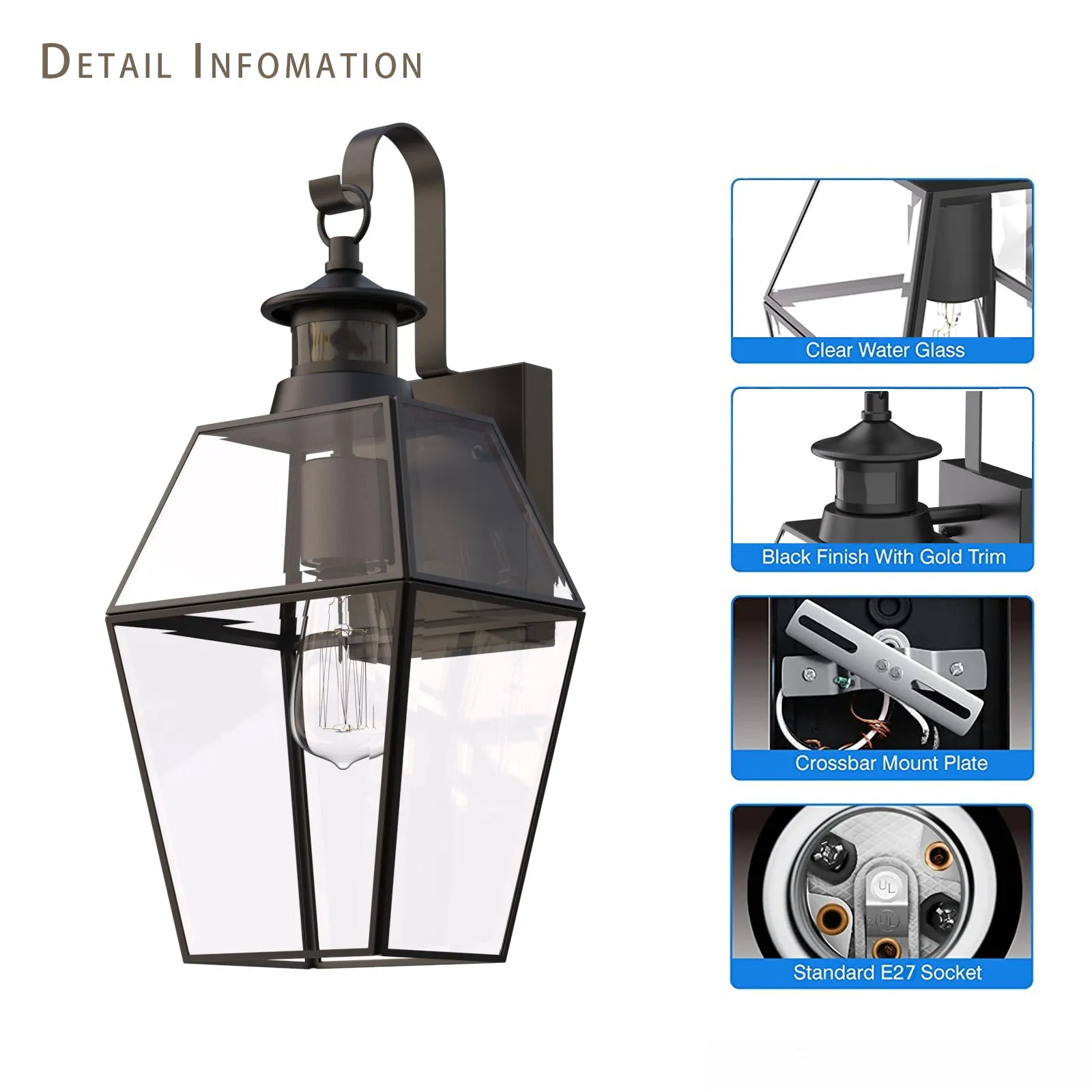 ROSEN Exterior Wall Light With Motion Sensor Matt Black IP44 Weather Proof