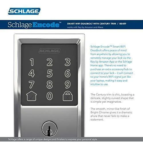 Schlage BE489WB CEN 625 Encode Deadbolt Smart Lock | WiFi Touchscreen Keypad, Bright Chrome