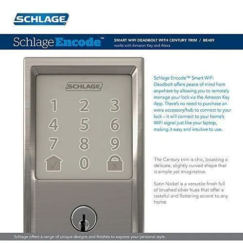 Schlage Lock Company BE489WB CEN 619 Schlage Encode Deadbolt Smart Lock | WiFi Touchscreen Keypad, Satin Nickel