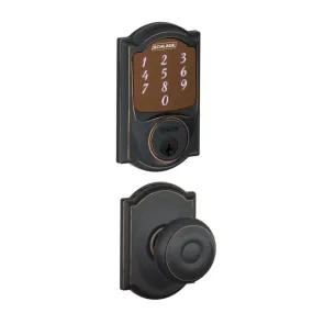 Schlage Sense Camelot Touchscreen Smart Deadbolt with Built-In Alarm and Passage Georgian Knob and Decorative Camelot Trim