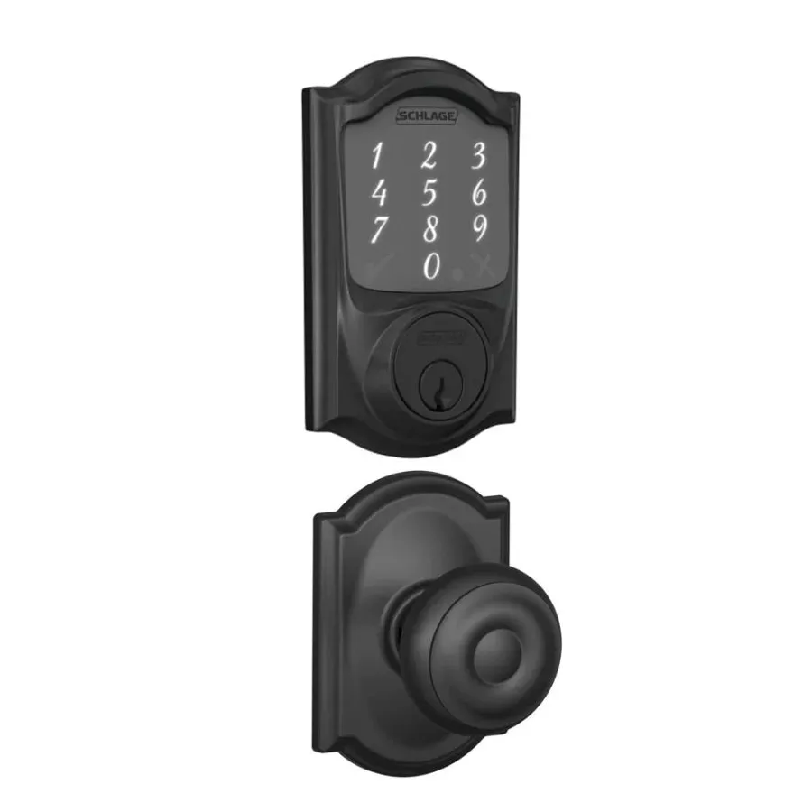 Schlage Sense Camelot Touchscreen Smart Deadbolt with Built-In Alarm and Passage Georgian Knob and Decorative Camelot Trim