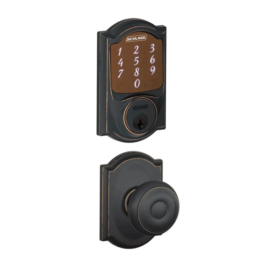 Schlage Sense Camelot Touchscreen Smart Deadbolt with Built-In Alarm and Passage Georgian Knob and Decorative Camelot Trim