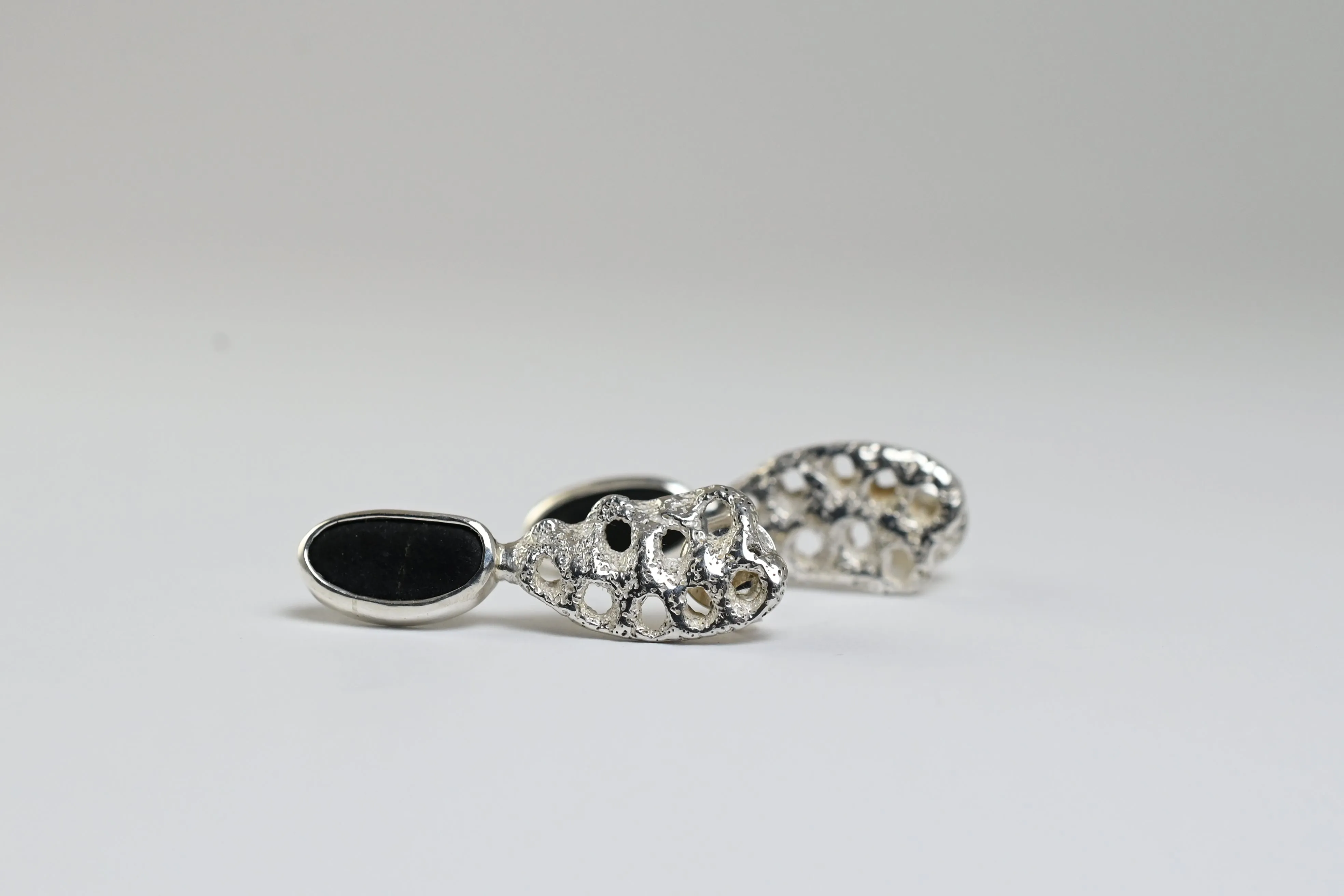 Silver, black rough stone earrings “Connected”