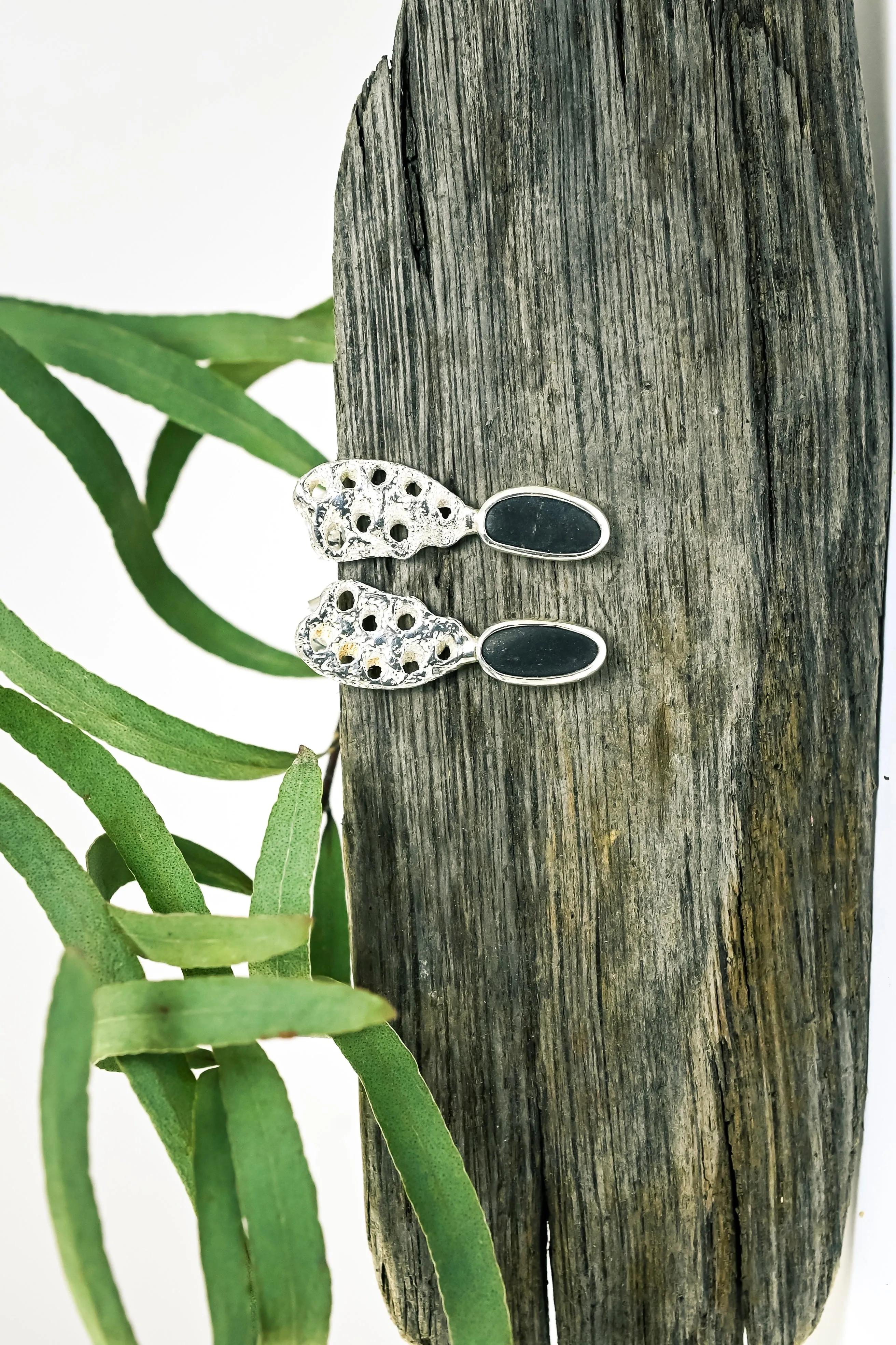Silver, black rough stone earrings “Connected”