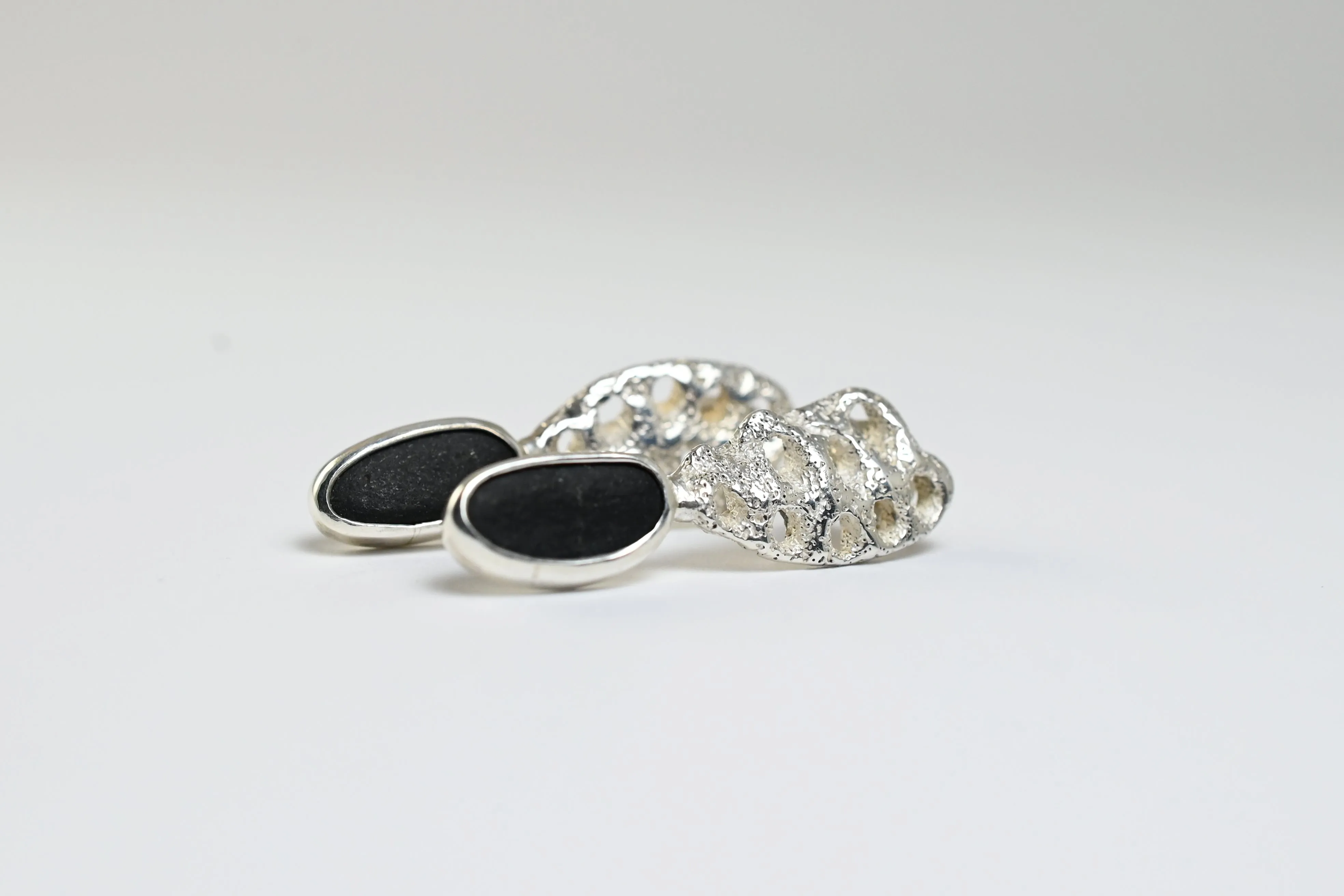Silver, black rough stone earrings “Connected”