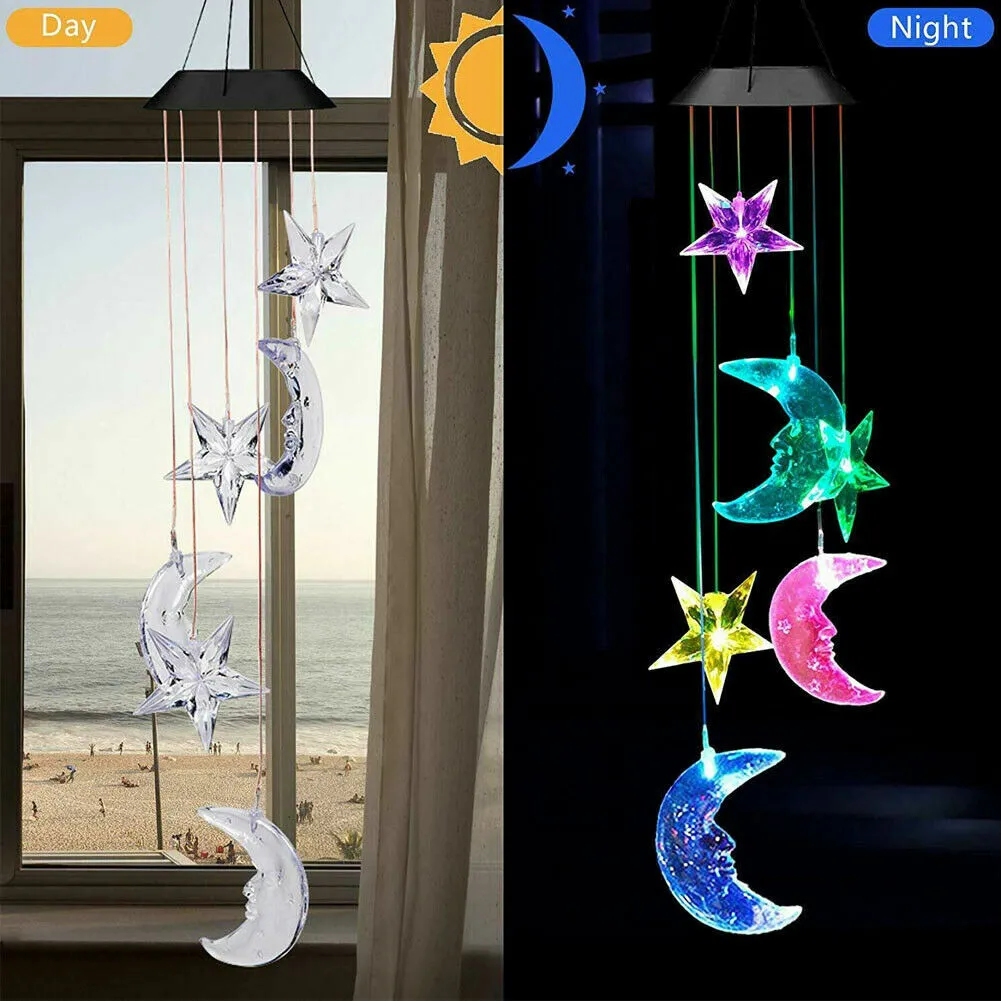 Solar LED Wind Chimes Lights Moon&Star Color Changing Hanging Garden Decor Lamp