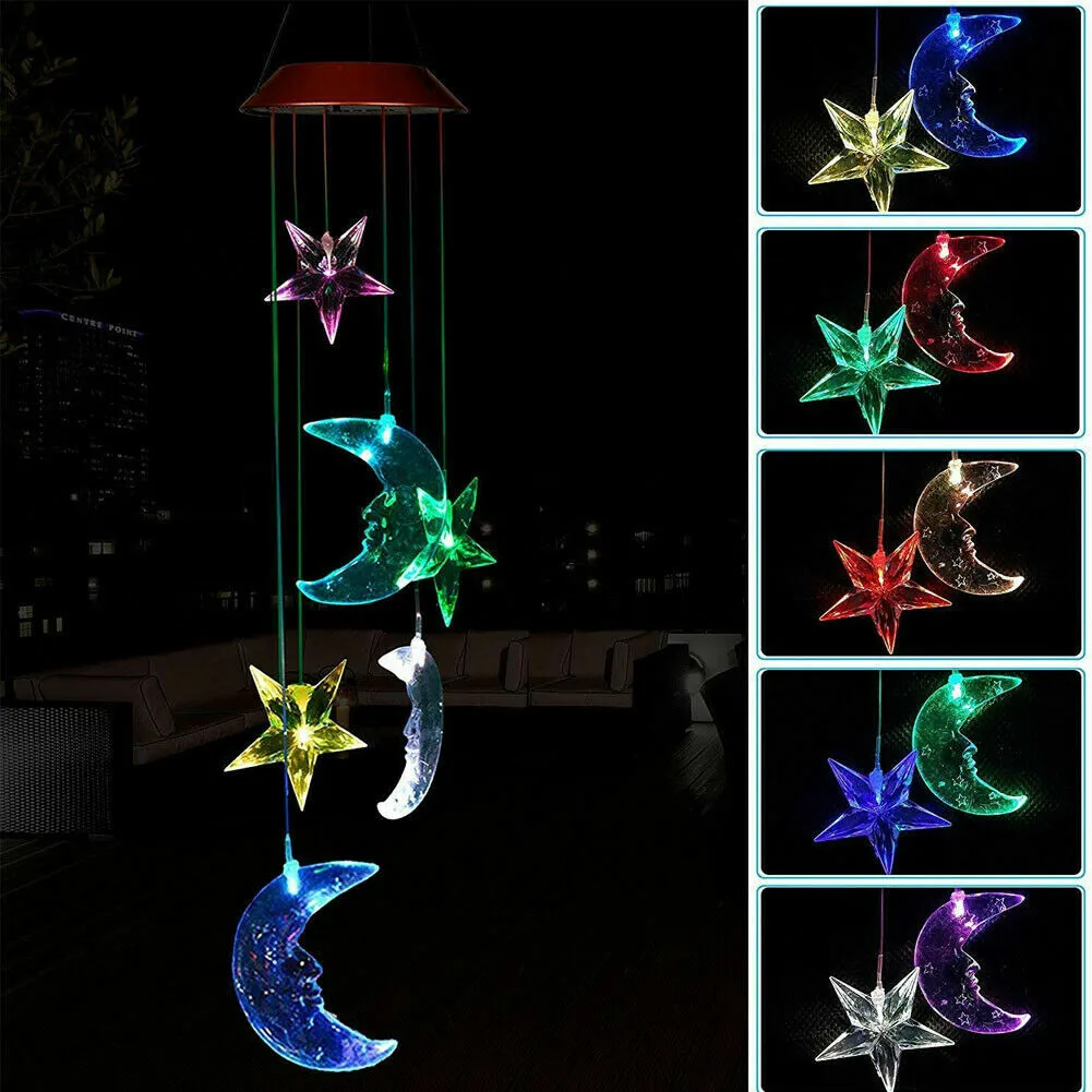 Solar LED Wind Chimes Lights Moon&Star Color Changing Hanging Garden Decor Lamp