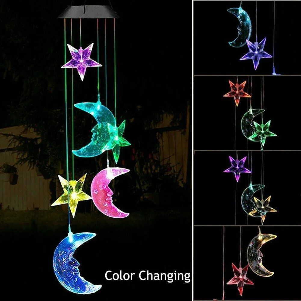 Solar LED Wind Chimes Lights Moon&Star Color Changing Hanging Garden Decor Lamp