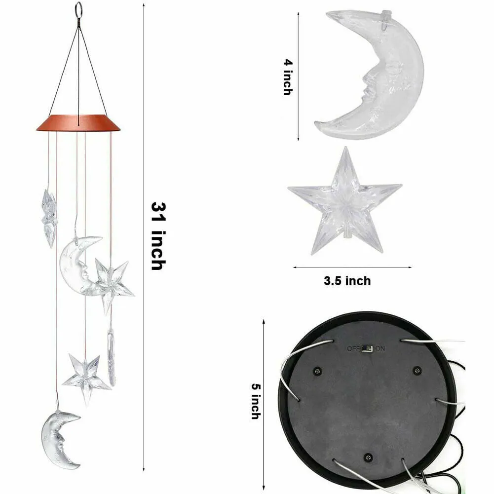 Solar LED Wind Chimes Lights Moon&Star Color Changing Hanging Garden Decor Lamp
