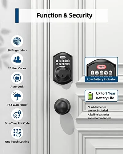 TEEHO Fingerprint Keyless Entry Door Lock - Keypad Deadbolt with Handle - Auto Lock, Easy Install - Matte Black