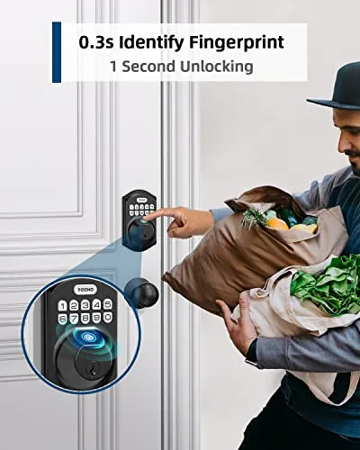 TEEHO Fingerprint Keyless Entry Door Lock - Keypad Deadbolt with Handle - Auto Lock, Easy Install - Matte Black