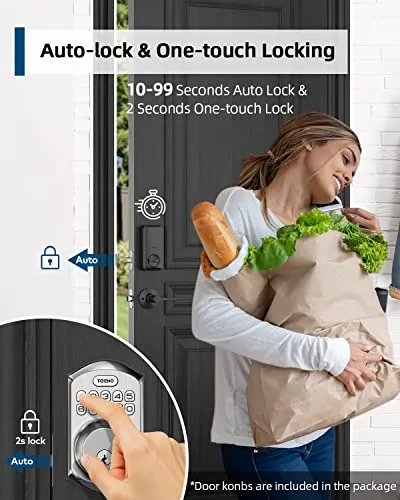 TEEHO TE001L Keyless Entry Door Lock with 2 Handles - Electronic Keypad Deadbolt with Door Lever, Front Door Handle Sets, Auto Lock, Easy Installation, Satin Nickel