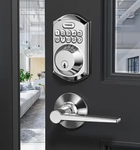 TEEHO TE001L Keyless Entry Door Lock with 2 Handles - Electronic Keypad Deadbolt with Door Lever, Front Door Handle Sets, Auto Lock, Easy Installation, Satin Nickel