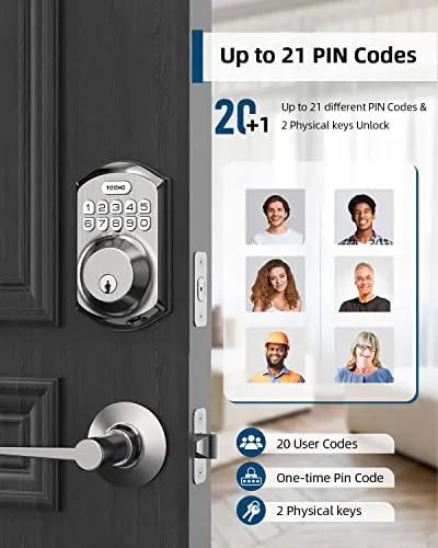 TEEHO TE001L Keyless Entry Door Lock with 2 Handles - Electronic Keypad Deadbolt with Door Lever, Front Door Handle Sets, Auto Lock, Easy Installation, Satin Nickel