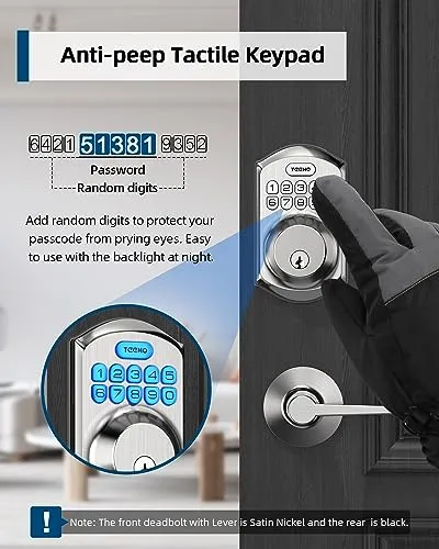 TEEHO TE001L Keyless Entry Door Lock with 2 Handles - Electronic Keypad Deadbolt with Door Lever, Front Door Handle Sets, Auto Lock, Easy Installation, Satin Nickel