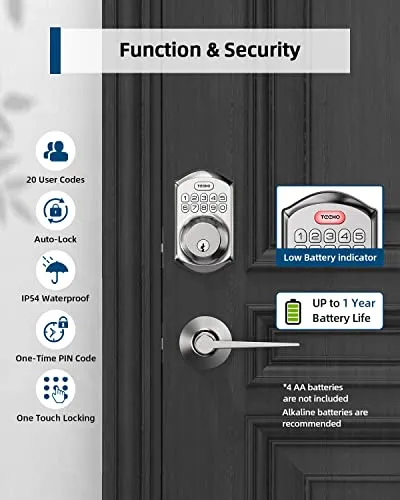 TEEHO TE001L Keyless Entry Door Lock with 2 Handles - Electronic Keypad Deadbolt with Door Lever, Front Door Handle Sets, Auto Lock, Easy Installation, Satin Nickel