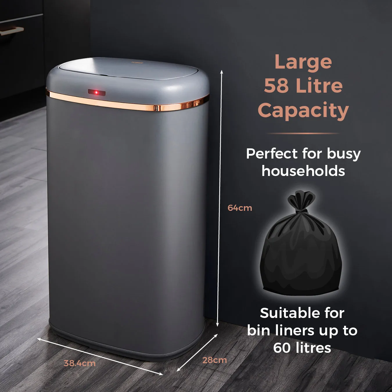 Tower Square Sensor Bin 58L  - Grey