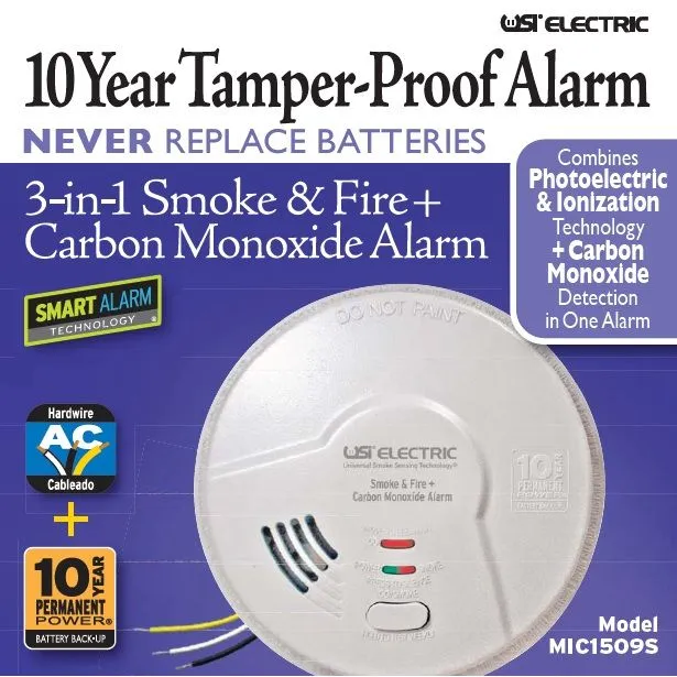 USI MIC1509S Hardwired 3-in-1 Smoke, Fire and Carbon Monoxide Smart Alarm
