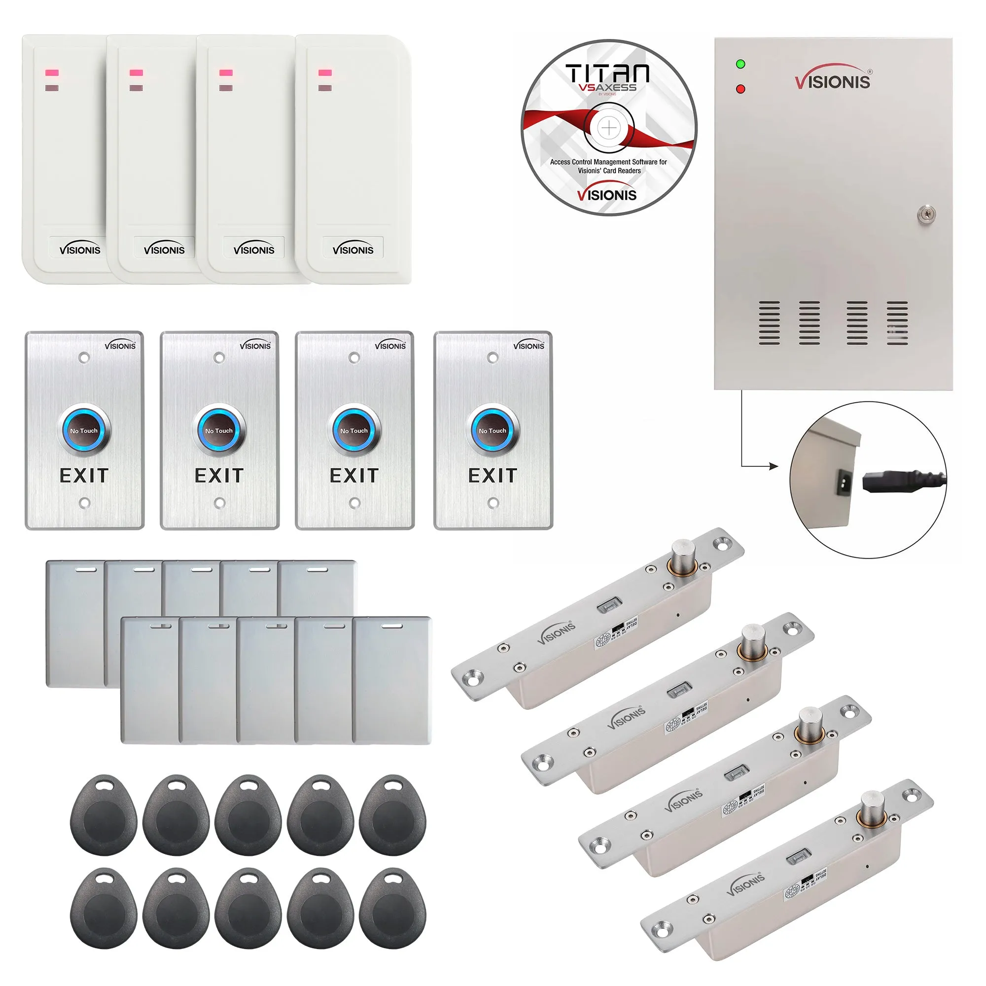 Visionis FPC-6562 Four Doors Access Control TCP / IP RS485 Wiegand Electric Drop Bolt Fail Secure Controller Box   White Waterproof Card Reader   Software Included   20,000 Users Kit